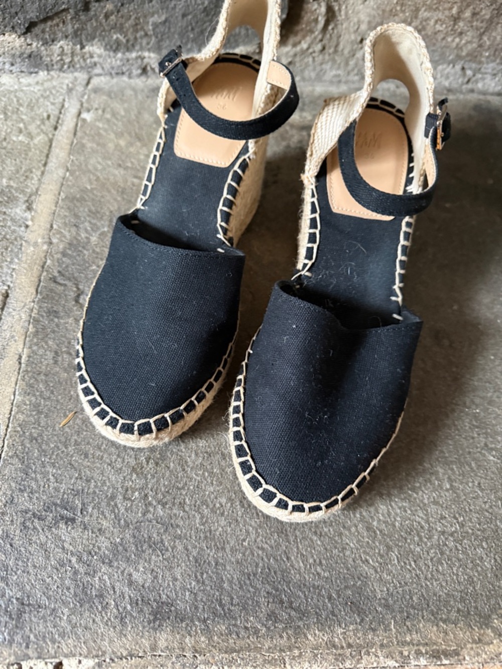 H&M Black Canvas Espadrille Wedges with Ankle Strap